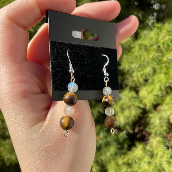 Labradorite + Tiger Eye Beaded Earrings | Crystal Hand Crafted - Picture 5 of 5